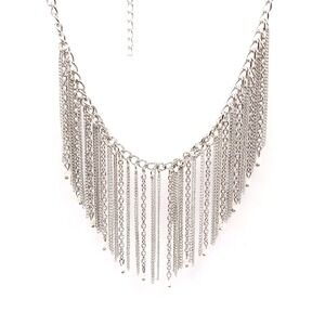 Silver Tone Fringe Necklace Milky White Beads Tassel Statement